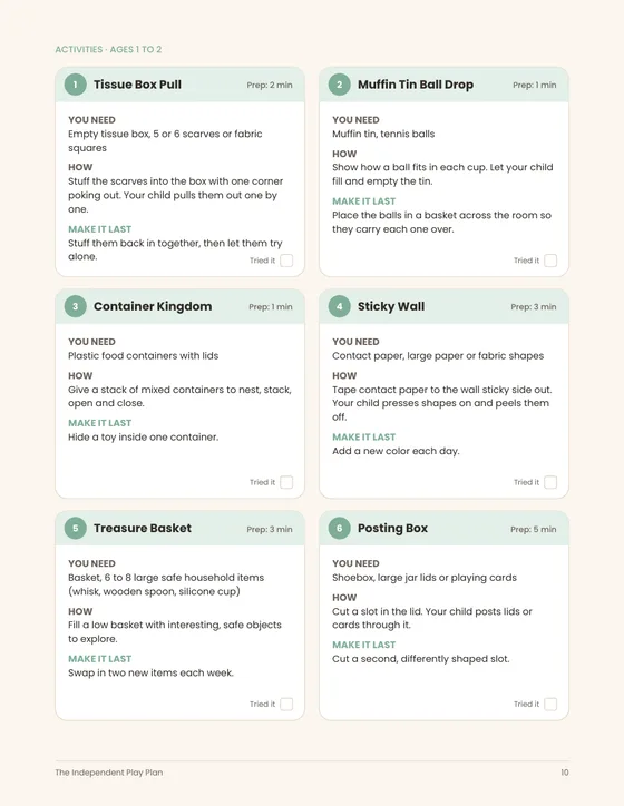 Activity cards page